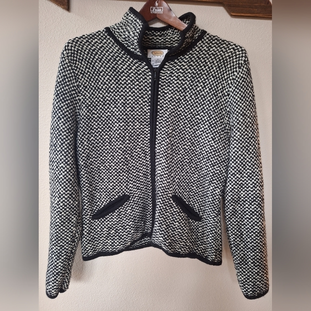 Talbots Petites Womens Zip Up Wool Blend Black/White Sweater Jacket Size M